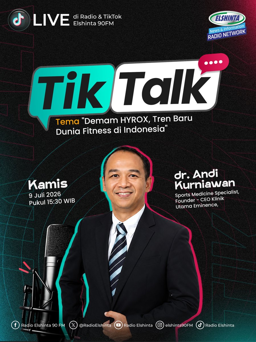 RadioElshinta's tweet photo. 🔥 Demam HYROX, Tren Baru Dunia Fitness di Indonesia!

HYROX semakin menarik perhatian para pecinta olahraga di Indonesia. Menggabungkan lari dan berbagai tantangan kebugaran, kompetisi ini menjadi tren baru yang diminati mulai dari atlet hingga masyarakat umum.

Lantas, apa sebenarnya HYROX? Mengapa olahraga ini begitu populer? Apakah aman untuk semua kalangan, dan bagaimana cara mempersiapkan diri sebelum mencobanya?

Temukan jawabannya dalam Tik Talk Radio Elshinta bersama:

🎙 dr. Andi Kurniawan
Sports Medicine Specialist
Founder & CEO Klinik Utama Eminence

🗓 Kamis, 9 Juli 2026
⏰ 15.30 WIB

Dengarkan di Radio Elshinta 90 FM
Saksikan juga LIVE TikTok @RadioElshinta