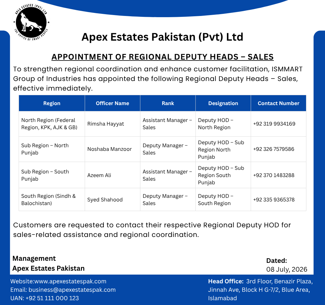 apexestatespak's tweet photo. اپیکس اسٹیٹس پاکستان کی جانب سے اہم اعلان
صارفین کی سہولت، مؤثر رابطہ کاری اور بروقت رہنمائی کو یقینی بنانے کے لیے اپیکس اسٹیٹس پاکستان نے مختلف ریجنز کے لیے علاقائی ڈپٹی ہیڈز (سیلز) مقرر کر دیے ہیں۔ https://t.co/WbcpGVwzwF