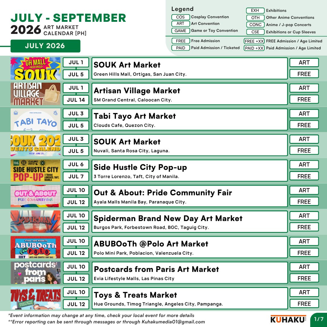 KuhakuMedia's tweet photo. [July 8 Update] July-September Art Events in the Philippines

From your Macha festivals, Flashbacks to your childhood, to Enchanted Faire's , our calendar gives you something to be interested on. ✨

Clarification Note:
Art/Cos is a combines Cosplay and Art in one event.

(1/3) https://t.co/GVxjqjWbdq