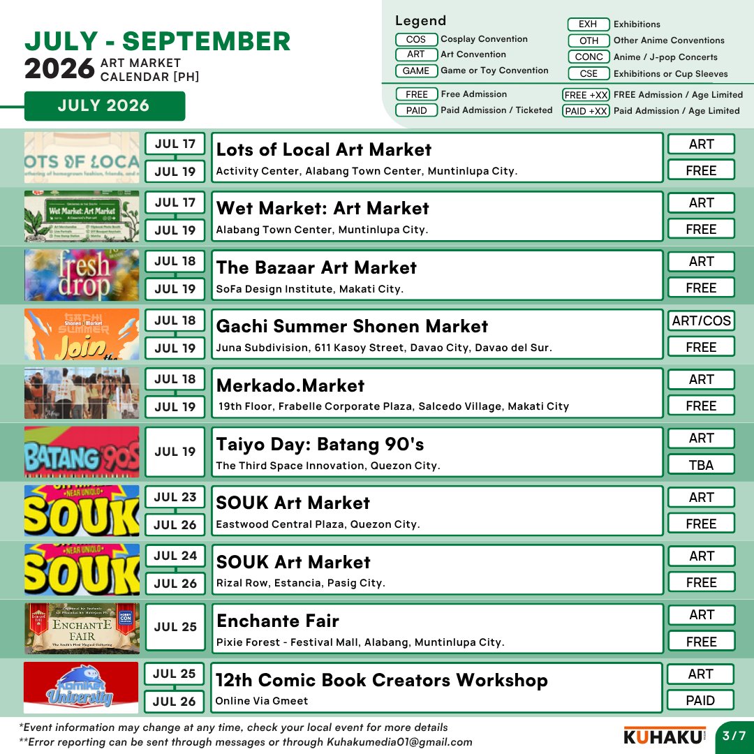 KuhakuMedia's tweet photo. [July 8 Update] July-September Art Events in the Philippines

From your Macha festivals, Flashbacks to your childhood, to Enchanted Faire's , our calendar gives you something to be interested on. ✨

Clarification Note:
Art/Cos is a combines Cosplay and Art in one event.

(1/3) https://t.co/GVxjqjWbdq