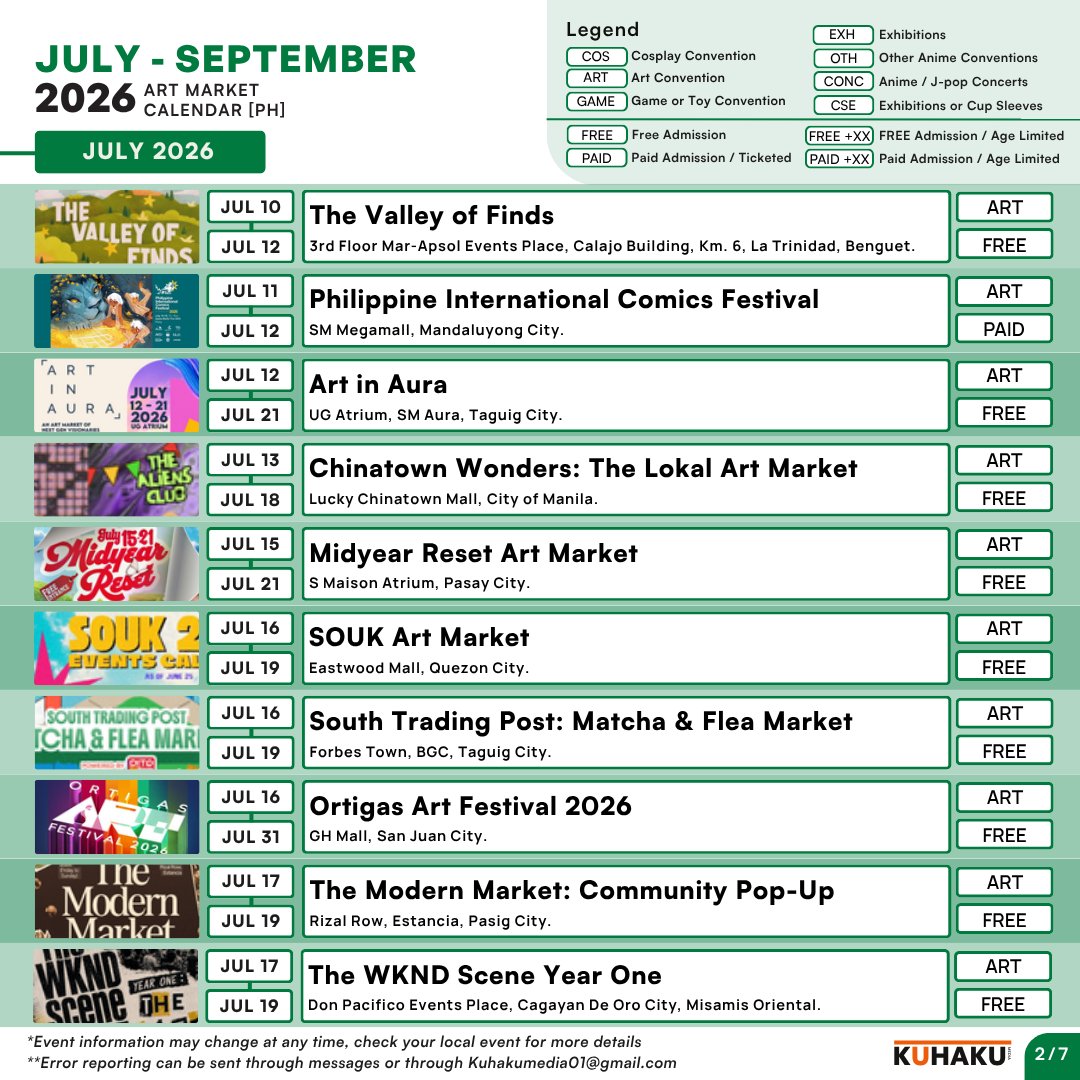 KuhakuMedia's tweet photo. [July 8 Update] July-September Art Events in the Philippines

From your Macha festivals, Flashbacks to your childhood, to Enchanted Faire's , our calendar gives you something to be interested on. ✨

Clarification Note:
Art/Cos is a combines Cosplay and Art in one event.

(1/3) https://t.co/GVxjqjWbdq