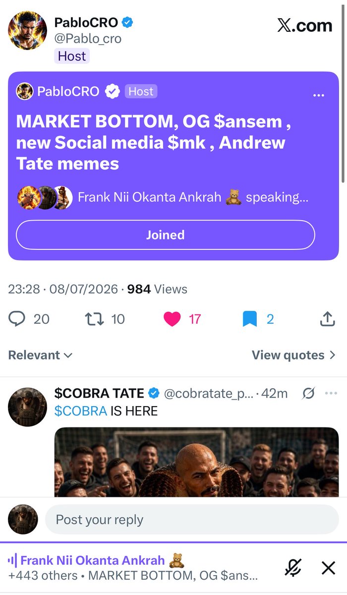 cobratate_pump's tweet photo. We just spoke in @Pablo_cro’s Space tonight with over 400 listeners 👀

Thank you for having us brother and seeing the potential in solana:D6sA8hKpreRfWEqLRo2fyx5UpmcHeEmGsQ1UndLWpump 🫡🐍

@Cobratate 

D6sA8hKpreRfWEqLRo2fyx5UpmcHeEmGsQ1UndLWpump https://t.co/mCfk1z0AlX