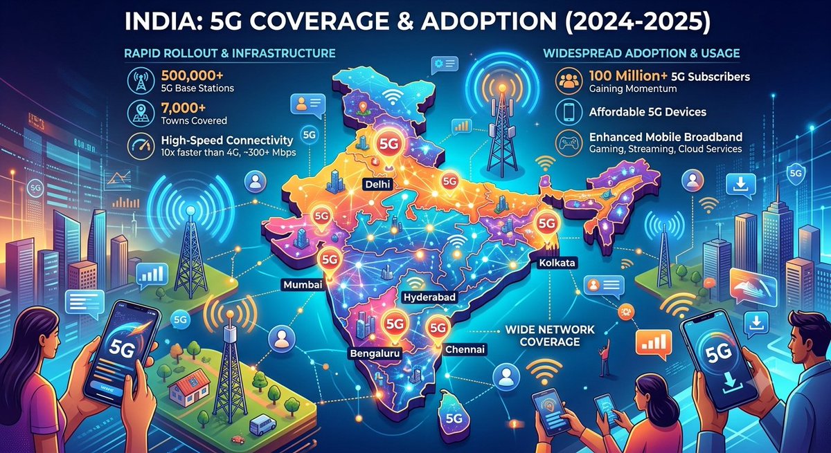 sanjaybafna's tweet photo. India's 5G Rollout and Performance Coverage: 

● 5G available in nearly all districts (99.9%) of India with ~85% population coverage and over 500,000–518,000 5G BTS sites. 

● Reliance Jio and Airtel dominance likely continues; Vi and BSNL aim to close gaps via expansions and partnerships.

● Adoption : 5G subscribers exceeded 400 million by early 2026 (India ranks #2 globally after China). Jio leads in scale and speeds (Standalone 5G, ~199 Mbps download in tests); Airtel strong in urban/quality; Vi competitive in select cities for video/gaming experience. 

● Speeds : Median mobile broadband ~131 Mbps. Jio often tops Opensignal/TRAI drive tests for download speed and coverage. 

◆ Govt Operator BSNL : Deployed ~98,000 indigenous 4G sites (upgradable to 5G); planning commercial 5G launch in 2026 using domestic stack (C-DOT/TCS).
✒️ Sanjay Bafna, Mobile and Telecom Analyst.