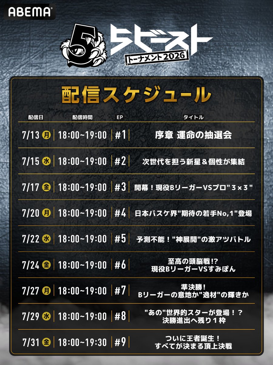 ABEMA_basket's tweet photo. 🏀#5ビースト トーナメント2026🏀

全9話の配信スケジュールを画像でチェック✅
視聴はここから▷https://t.co/OEGo5RNfJX https://t.co/hgEQ9oeQAC
