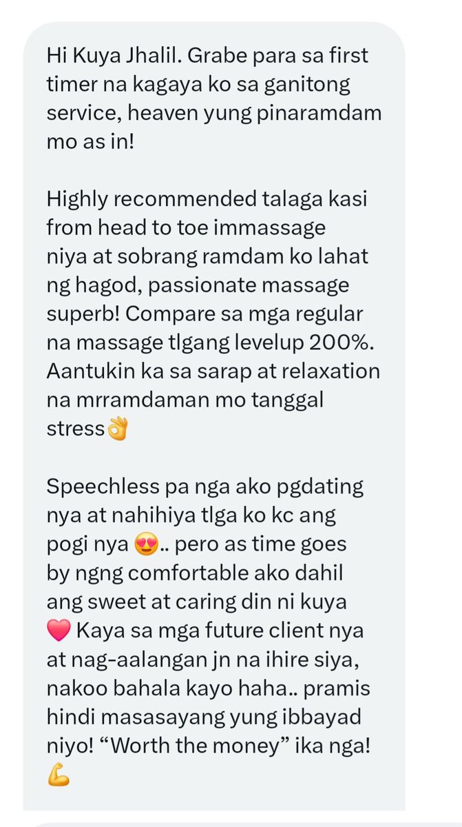 jhalil_pro's tweet photo. Every body tells a different story. Every massage deserves a different approach. 💆‍♂️

Thank you for trusting my hands and sharing this wonderful feedback. ❤️

If you're tired, stressed, or simply need time for yourself...

📲 WhatsApp/Viber: 
+63 981 679 9757

Let's get you feeling your best again.☺️
