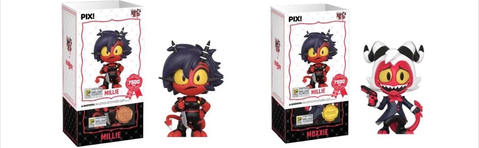 eucheon's tweet photo. Thrilljoy has shown off a lot of their upcoming SDCC PIX! figures, which include a Lucifer Morningstar figure with a Charlie chase figure, and a Millie figure with a Moxxie chase figure. #HazbinHotel #HelluvaBoss #Thrilljoy https://t.co/6HUjcqqx1N