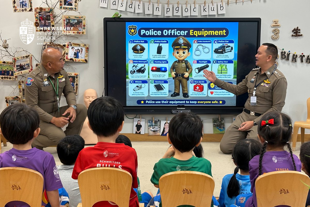 SHBcitycampus's tweet photo. A memorable day for our children as they welcomed a very special visitor, one of our HQP parents, who also serves as a police officer. Joined by his fellow officers, he brought his profession into the classroom, inspiring our young learners through first-hand experiences. https://t.co/tkhnaLuJRh