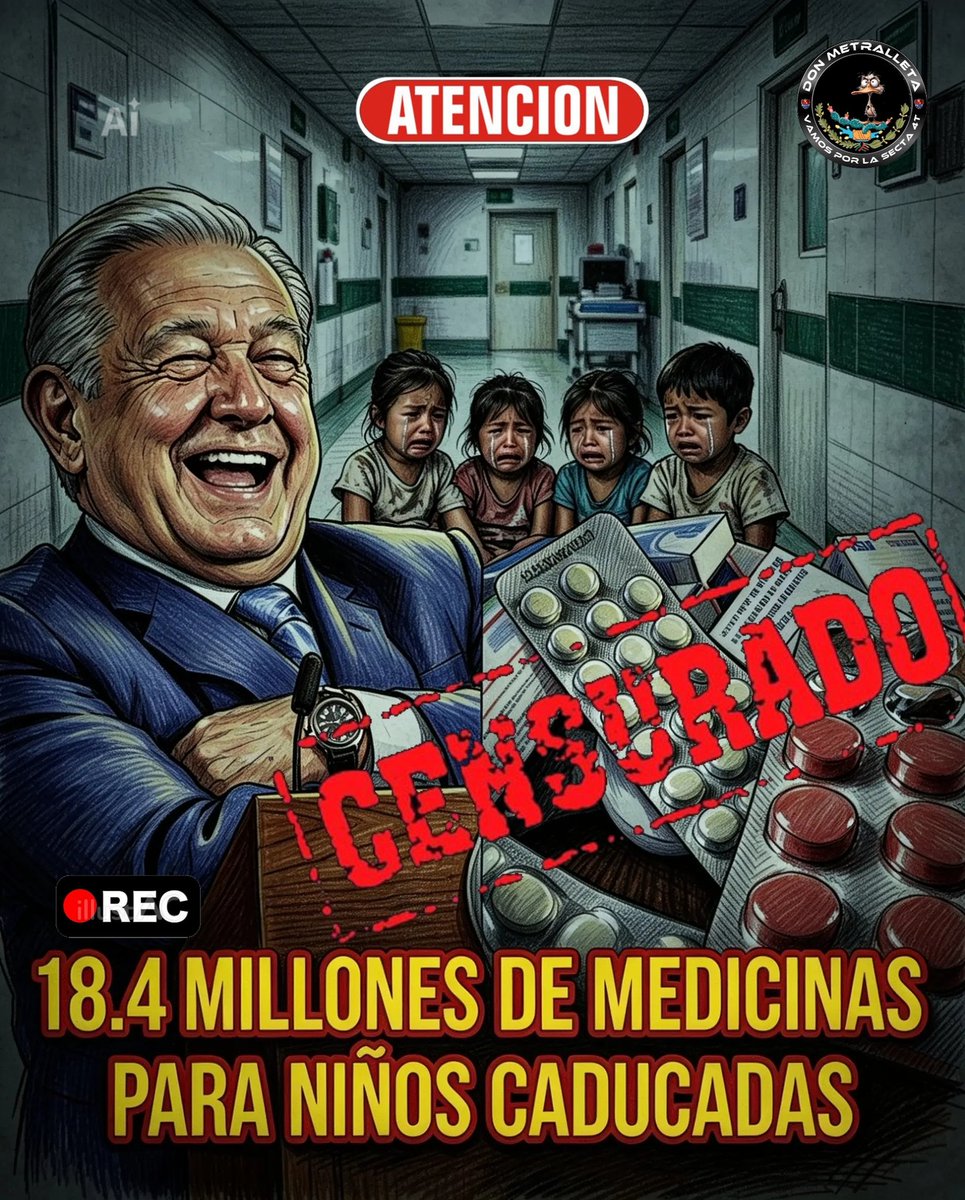 Baldo04555156's tweet photo. 👹“Mientras los niños se quedan sin medicinas… AMLO se reia.” 👹 
Más de 18.4 millones de dosis para niños caducaron en 4 años de su sexenio.  
¿Y todavía quieren más con la Sheinbaum?  
La realidad duele. 
#AMLO #MedicinasCaducadas #SaludMexico #4T https://t.co/Uf26L9arY1