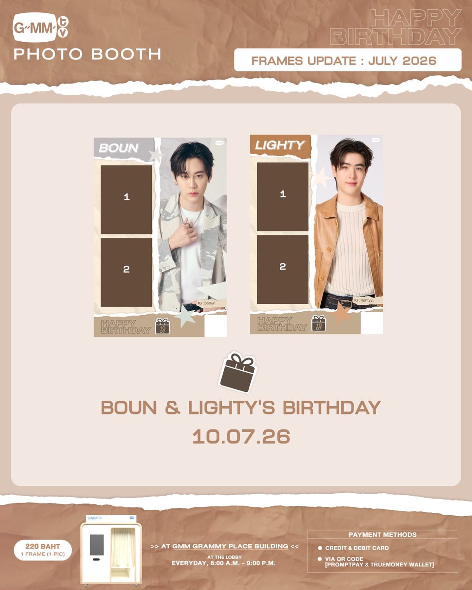 bb0un_official's tweet photo. 🗓️[09.07.2026] IG : gmmtv

พรุ่งนี้วันเกิดบุ๋น และไล้ท์ตี้ แวะมาถ่ายรูปกับเฟรม Photo Booth วันเกิดได้น้า
Tomorrow is Boun &amp; Lighty’s birthday. Come by our photo booth for a snapshot with their exclusive birthday frame.📸

#GMMTVPhotoBooth 
#GMMTV
#bb0un https://t.co/6Rpc4LGmFV