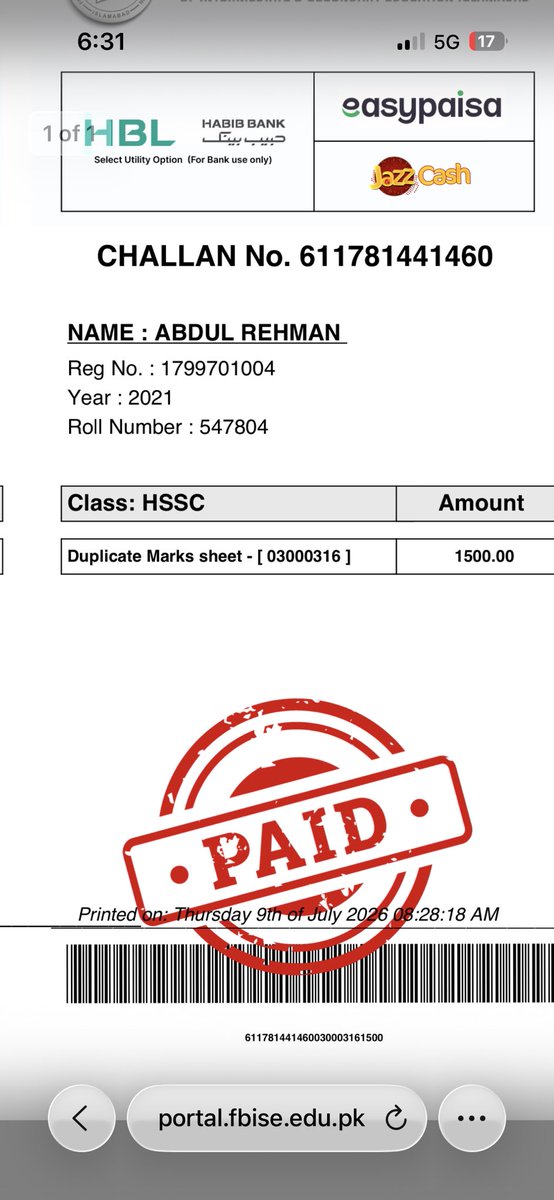 arkofficail1's tweet photo. @@FBISEOfficial This system is completely broken and exploitative. Missed my 2021 certificate due to Covid issues. Now when I need it, I’m forced to pay, but even after paying 1500 PKR today (Challan 611781441460), your portal still falsely claims “LESS FEE” and “PENDING” https://t.co/5btr34HxI4