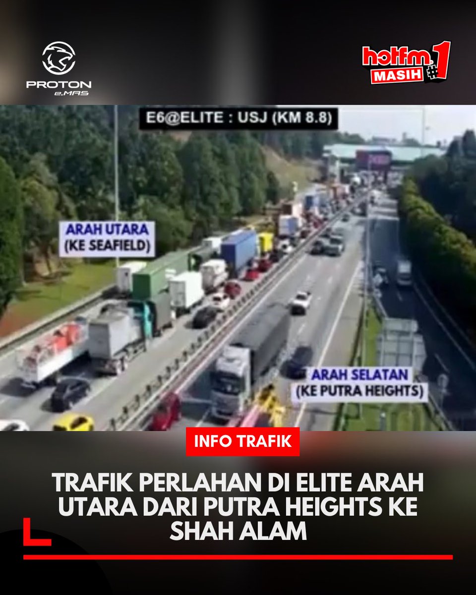 hotfm976's tweet photo. Aliran trafik di Lebuhraya Utara-Selatan Hubungan Tengah (ELITE) E6 arah utara dilaporkan bergerak perlahan dari Putra Heights menuju Shah Alam.

Pengguna jalan raya dinasihatkan merancang perjalanan dan pandu dengan berhati-hati.

#PROTONeMAS #KLIMS2026 #PROTONEV #HotFMNo1 #BekpesHot