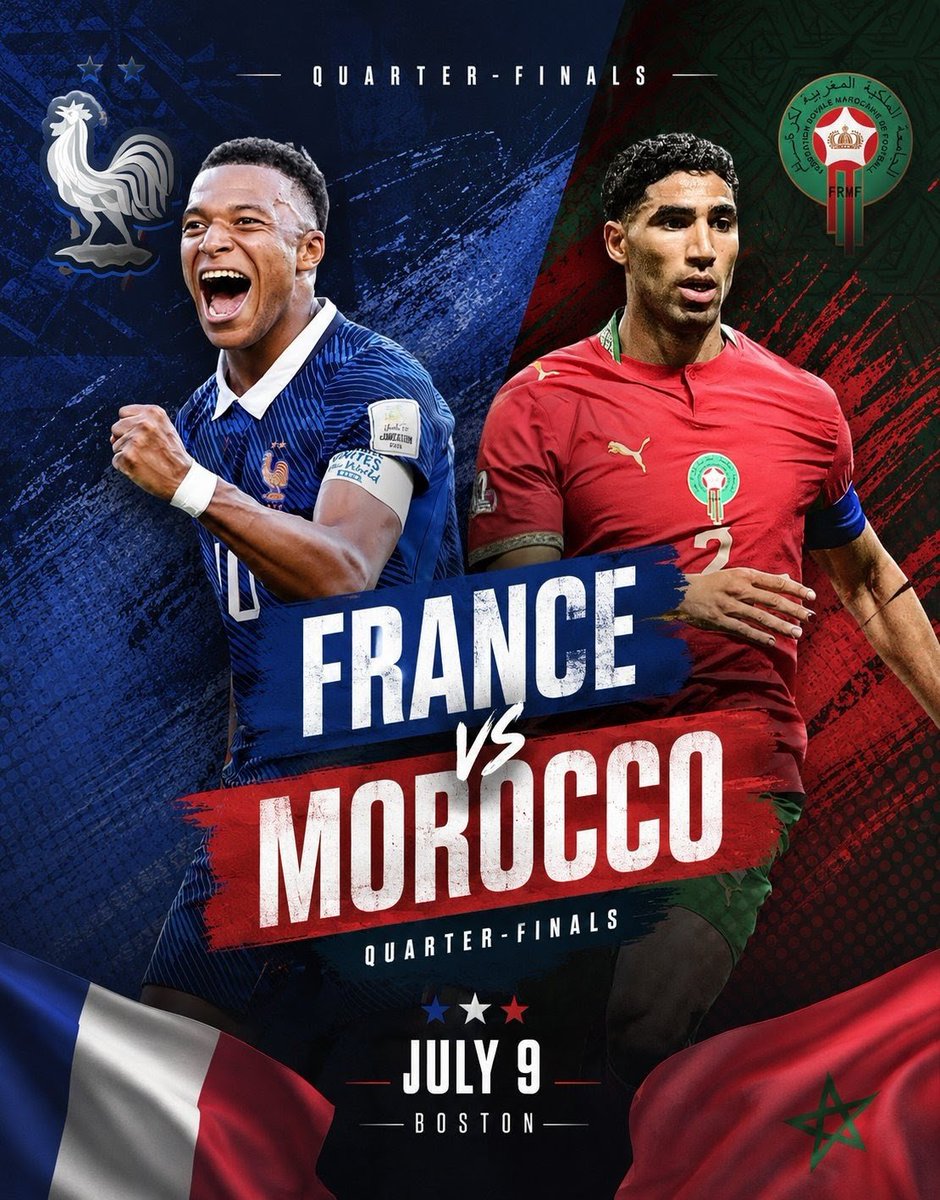 Harimaugoal's tweet photo. ⚽ Quarter-Finals Clash! 🇫🇷🇲🇦
Two football giants. One place in the semi-finals. France and Morocco are ready to leave everything on the pitch in Boston. Who will rise to the occasion? 🔥
#France #Morocco #QuarterFinals #WorldCup2026 #Football https://t.co/3WS4v0L6dl