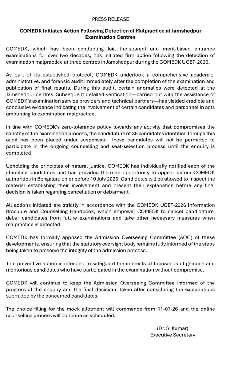 SruthySUllasTOI's tweet photo. #ComedK bars 36 students from counseling over suspected malpractice. Most of these students are in top 500 ranks.
@timesofindia
https://t.co/HyVpJyQdUy https://t.co/1vTVULHKFj