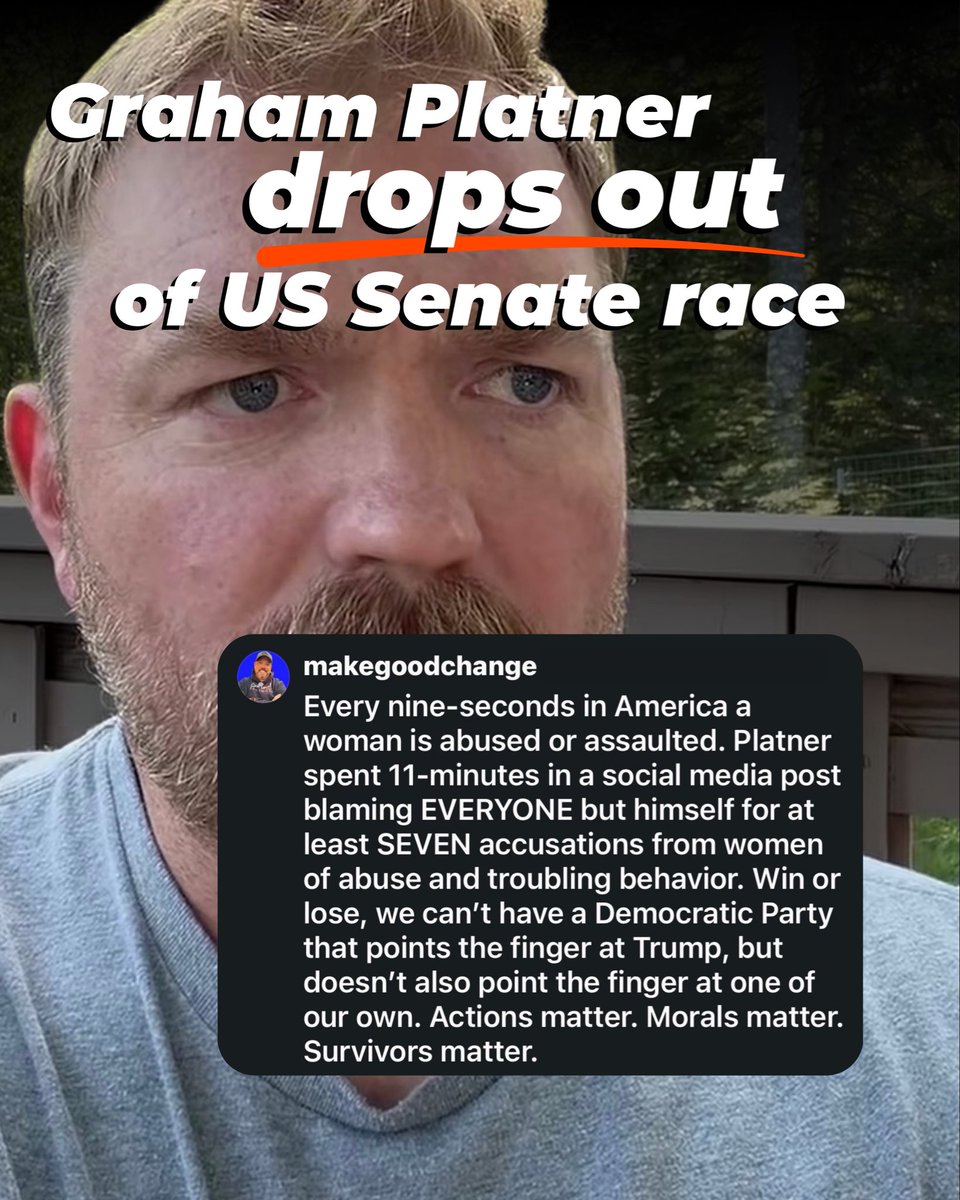 makegoodchange_'s tweet photo. Every nine-seconds in America a woman is abused or assaulted. Platner spent 11-minutes in a social media post blaming EVERYONE but himself for at least SEVEN accusations from women of abuse and troubling behavior. Win or lose, we can't have a Democratic Party that points the finger at Trump, but doesn't also point the finger at one of our own. Actions matter. Morals matter. Survivors matter.