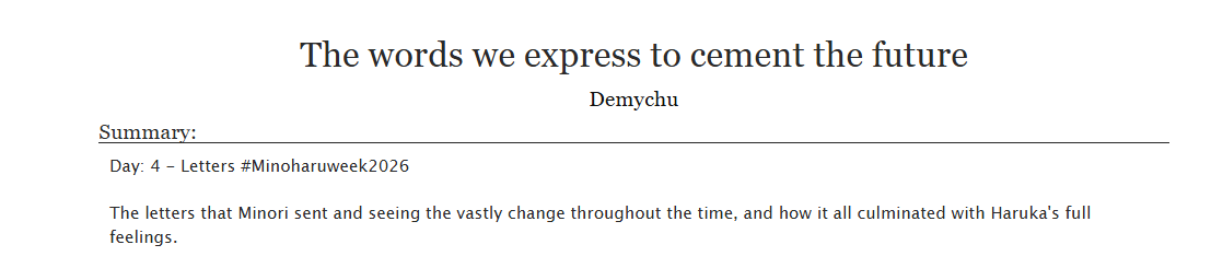 Demychu's tweet photo. Day 4: Letters #minoharuweek2026

https://t.co/320V2903SM

#minoharu #はるみの https://t.co/q3rvue8ufR