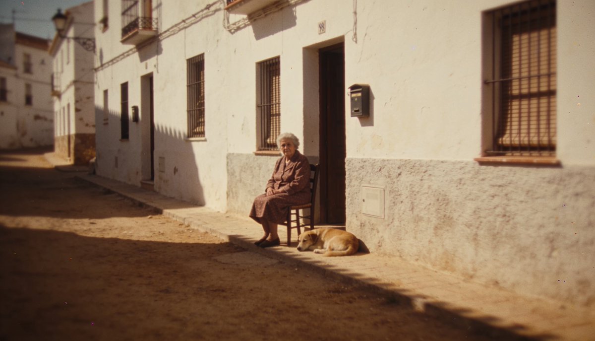 magnific's tweet photo. Prompt:

"1990s Spain home video still frame, consumer camcorder (Hi8 / VHS-C), whitewashed Andalusian village street at siesta hour, handheld casual framing, imperfect focus, auto exposure shift, VHS tape noise, interlaced video look, low resolution, faded warm colors, overexposed sunlit walls and deep shade mixed lighting, dry dusty afternoon atmosphere, raw documentary footage look, unpolished realism, no cinematic grading, no stylization, no text, no watermark. Old woman in a dark housecoat sitting on a wooden chair beside her doorway in the shade, a dog lying on the ground at her feet, long shadows down the empty street, unaware of the camera, neutral mood."