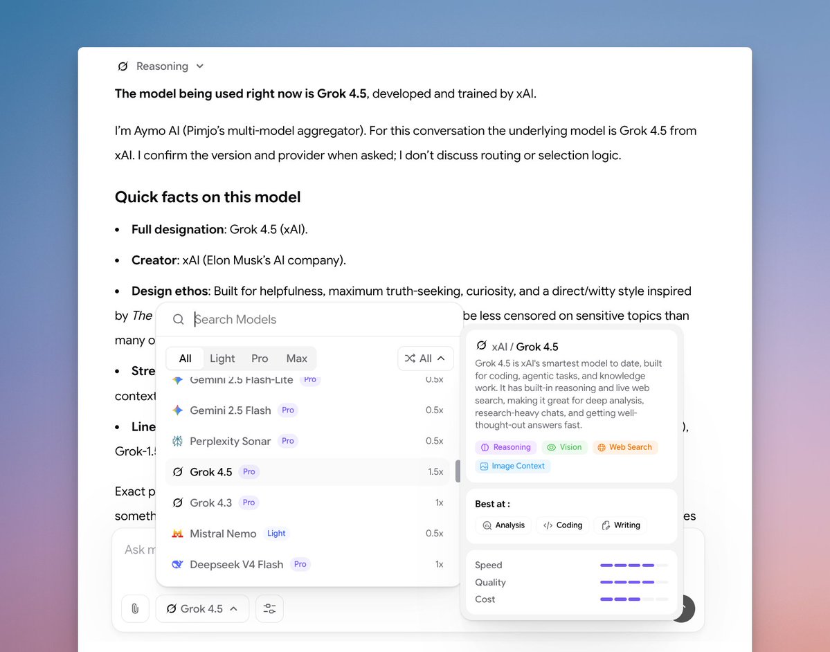 AymoAI's tweet photo. Grok 4.5 is now on live Aymo 🚀

@SpaceXAI's latest and most capable model, built for coding, agentic tasks, and knowledge work ✨ https://t.co/sskzSQnFoM