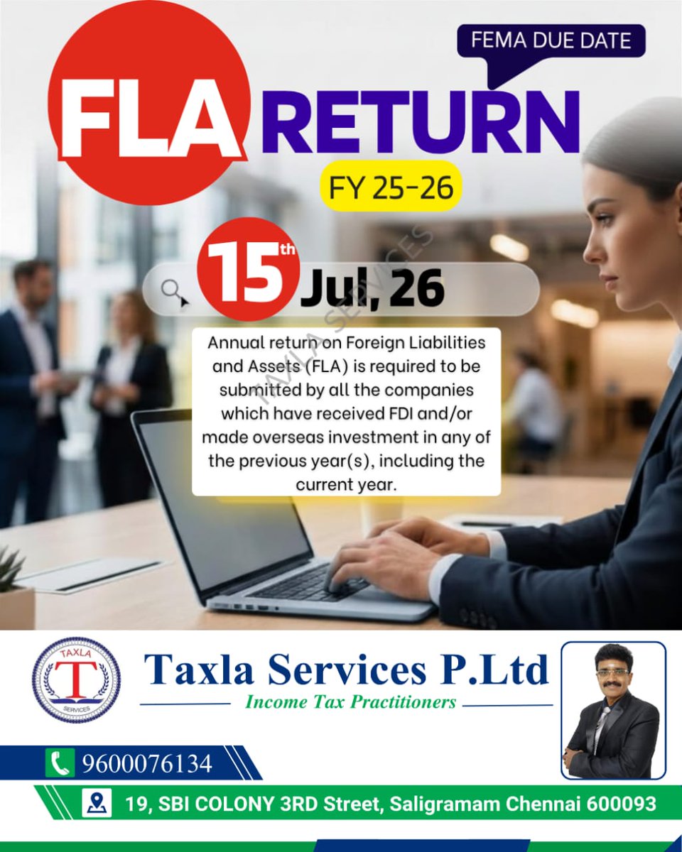 SivaAudit's tweet photo. 📢 FLA Return Due Date Alert – FY 2025-26

📞 Contact us today: +91 7305701454
📧 Email: auditsiva2@gmail.com
🌐 Website: https://t.co/zDeM2BLvcY

#FLAReturn #FEMA #FDI #ODI #BusinessCompliance #RBICompliance #CorporateCompliance #TaxlaServices #BestAuditorInTamilnadu https://t.co/UF9hjhR2fG