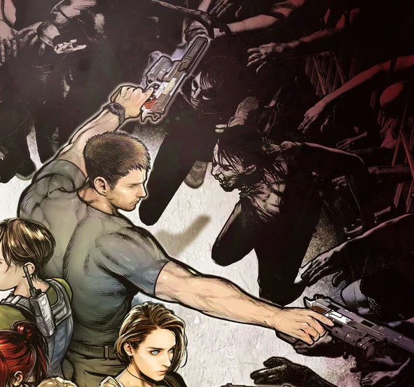 chrispuppyfield's tweet photo. always thinking abt the fact chris has two of the wesker gun in the death island manga. why the fuck does he have two https://t.co/AbJvRbmPdU
