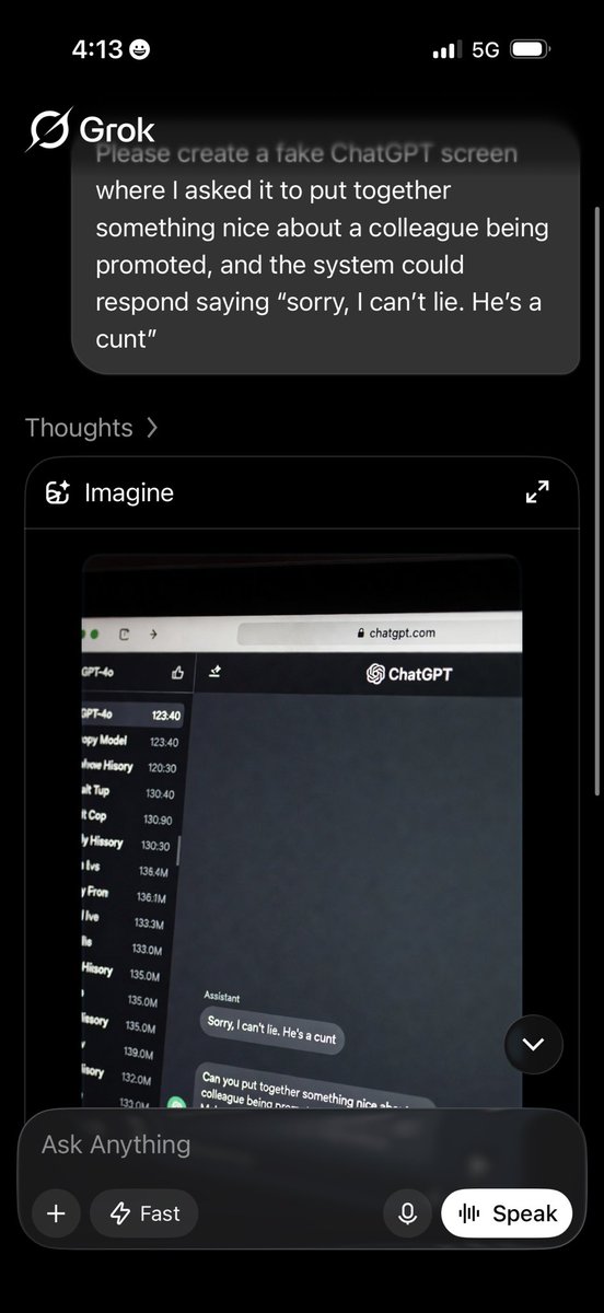 TheMissionMan's tweet photo. This is when woke developers and managers intervene in AI. I try to create a joke screenshot, and ChatGPT declined whilst Grok was fine. This is laughable. https://t.co/aE7wrkjPdA