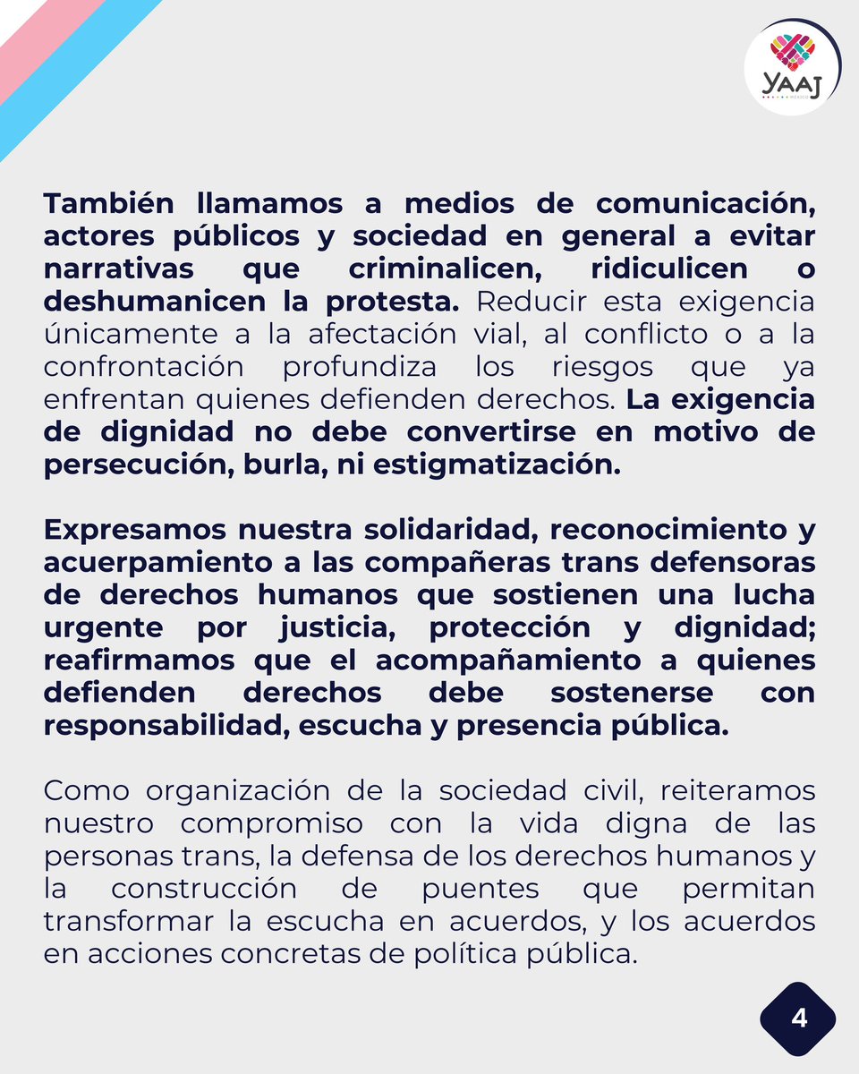 YaajMexico's tweet photo. 🪧 La protesta social no es una amenaza para la democracia: es una de las formas en que la democracia se mantiene viva, se corrige y se transforma. Desde Yaaj México expresamos nuestra solidaridad, reconocimiento y acuerpamiento a quienes sostienen esta lucha por justicia, protección y vida digna. ❤️‍🔥🌈

✊🏾 Defender a quienes defienden derechos también es defender la democracia. Es una responsabilidad colectiva como sociedad. 🕊️

#PosicionamientoInstitucional #LeyIntegralTransYa #PoliticasPublicasTransYa