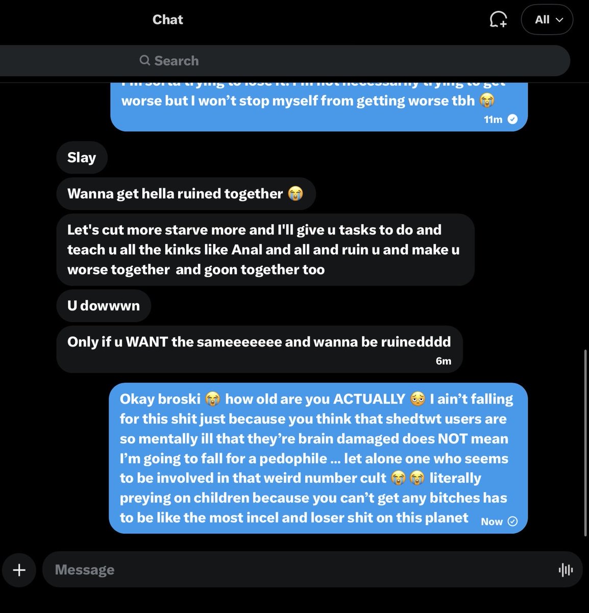dazaistomb's tweet photo. #shtwt #shedtwt EMERGENCY!!!! There is currently a (seemingly) pdf file preying on teenagers specifically in our subtwt!! 

things they replied to + messages that they sent me. they blocked me right after I called them out. https://t.co/K3z7xLmaTM