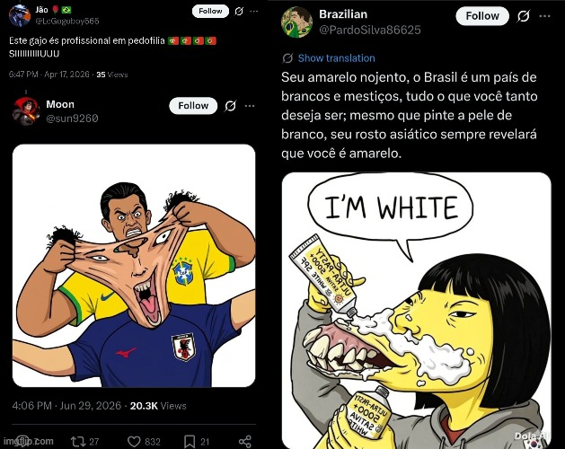 AlinePiroutek's tweet photo. Brasil é de fato o país mais racista do mundo.
Mas se esqueceu de outra meu amigo: também somos o país mais xenófobo do mundo.
Toda nossa cultura gira em torno de atribuir crimes a todos os povos que originou o nosso. Fazer da cor de pele uma supremacia. E ser aplaudido por isso. https://t.co/LLhVH1QrBu