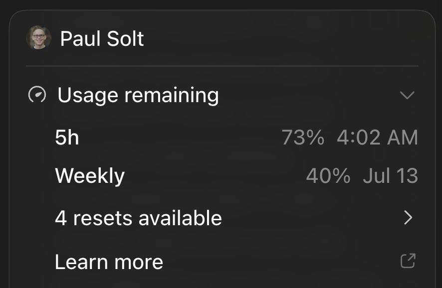 PaulSolt's tweet photo. 1st day with Sol ☀️

It's far smarter and more capable than GPT-5.5.

I really enjoy it so far, and it's untangled some of the problems that were tripping up GPT-5.5.

PROS
- More intelligent analysis
- More self sufficient
- Works harder

The biggest issue I ran into is that something about my workflow is burning tokens. My agents are doing something inefficiently with my "chief of staff" and PR status checks.

CONS
- Token burn: Weekly usage at 40%
- Sometimes stops following some of my directions (GPT-5.5 has been worse)

I'm still trying to understand why some of these tasks are taking so long to verify. But I finally have a new testing harness in place with my MacBook Air M5.

Agents can now push tests to my MacBook, so the UI tests no longer interrupt me. It's a nice CI/CD setup with Codex in the loop. This test setup should improve verification and give me more confidence.