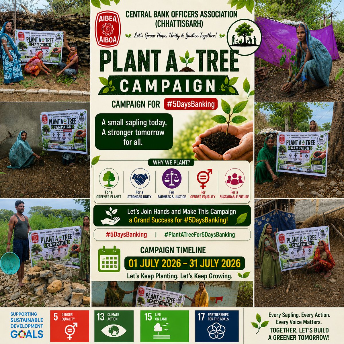 cgcboa's tweet photo. 🌱 Every sapling planted is a step towards a greener India and a stronger voice for #5DaysBanking.

Our campaign continues till 31 July 2026. Join us by planting a tree.

#PlantATreeFor5DaysBanking #SDG5 #SDG13 #SDG15 #SDG17 https://t.co/nwSeTXqfw7