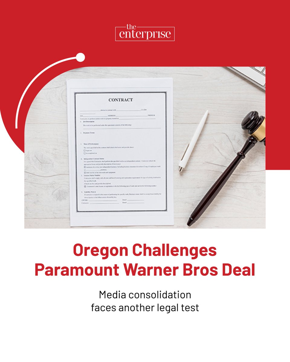 AtTheEnterprise's tweet photo. Oregon seeks a 60-day pause on Paramount’s $110B Warner Bros deal, keeping antitrust pressure alive after DOJ clearance.

🌐:https://t.co/cVAV3facTV

#Paramount
#WarnerBros
#MediaMerger
#Antitrust
#StreamingWars https://t.co/Jcu9JFjSvh