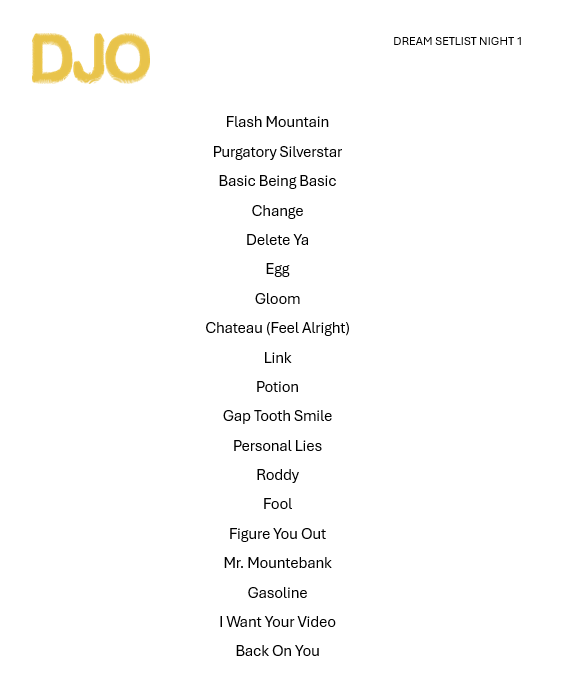 1DJobros5SOS's tweet photo. I made an initial cut with 20 responses; here is how the results stood. 

This is the ✨Dream Djo setlist- night 1✨ https://t.co/bTwVuXMTy3