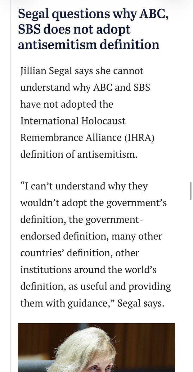 cheryl_kernot's tweet photo. Why not?? Because it conflates legitimate criticism of the Israeli state with antisemitism. And it is not the role of the public broadcaster to amplify this. 
Keep resisting this pushback @abcnews https://t.co/etj9fEDpzc