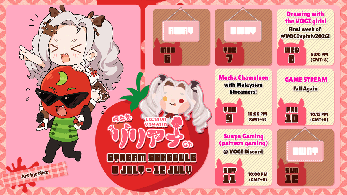 lilianavampaia's tweet photo. 🦇SCHEDULE IS UP🦇
🦇 Drawing challenge w/ the VOGI GIRLS
🦇 Mecha Chameleon w/ MANY MALAYSIAN STREAMERS
🦇 Another Rage Game
🦇 Suupa Gaming on Discord~! https://t.co/sCE8q0rXGw