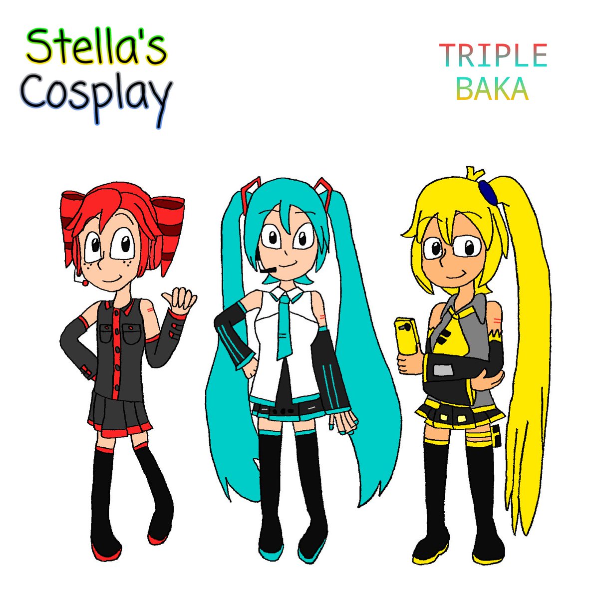 StellaKleyn's tweet photo. On this day, when the Triple Baka was found. Featuring Hatsune Miku, Kasane Teto and Akita Neru. Stella and her friends cosplay as them three. https://t.co/fvq7WkvyNY