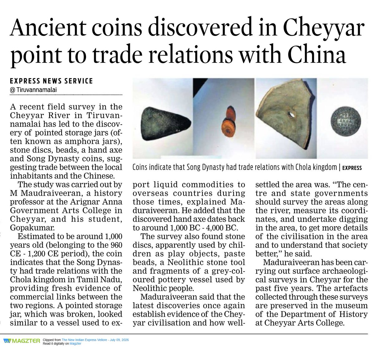 SubCollectorCHR's tweet photo. The #Cheyyar Civilisation

Thanks to the remarkable efforts of Prof. M. Maduraiveeran of Arignar Anna Government Arts College, Cheyyar, and his student Gopakumar, important historical artefacts have been discovered along the Cheyyar river basin.

#Archaeology #History #TamilNadu https://t.co/rere9N7rPA