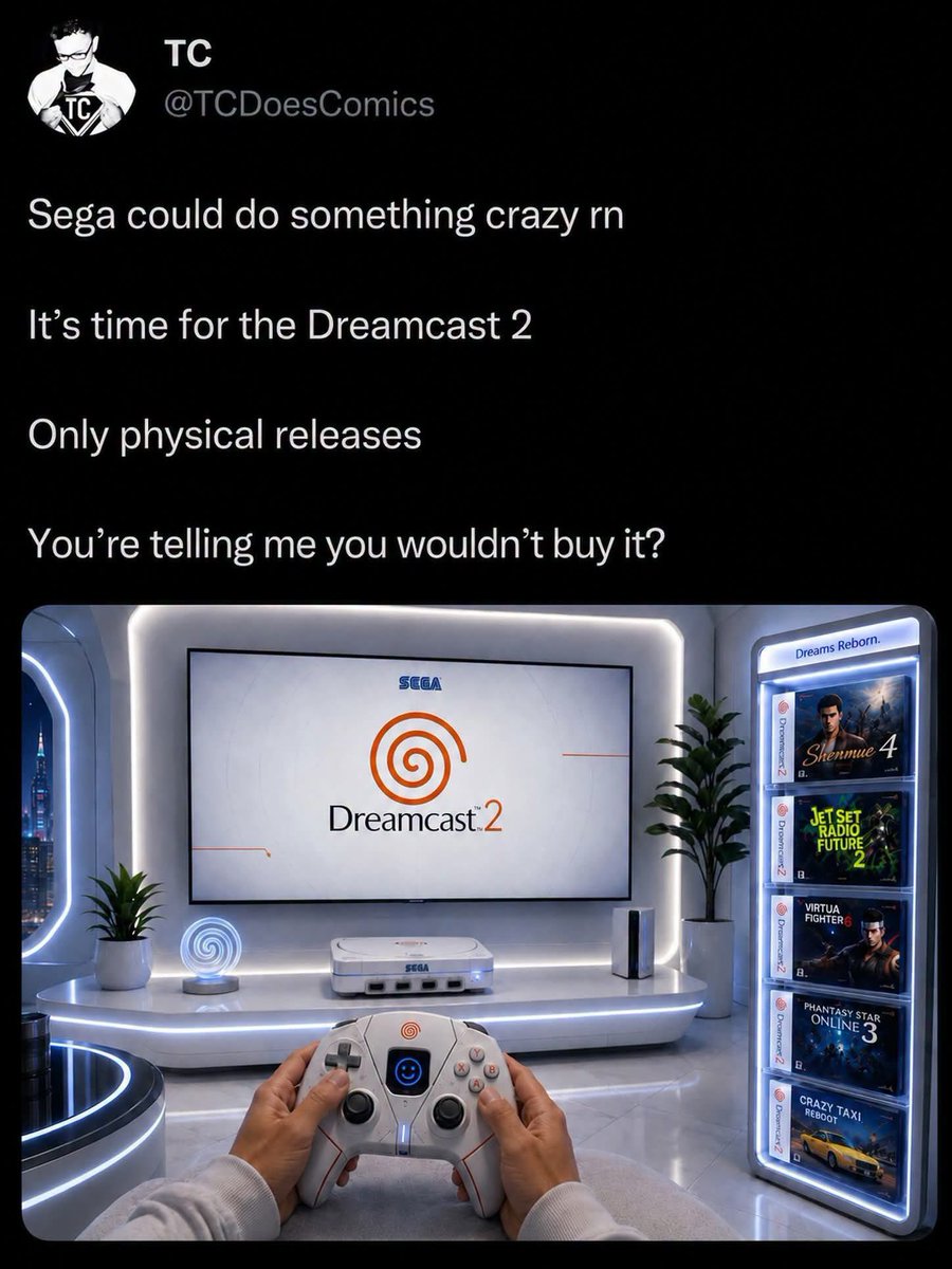 EddieGroov's tweet photo. New Sega console with backwards compatibility with the dreamcast &amp; sega saturn games disc would be lit 👀 @SEGA  lol https://t.co/AFlehpmaAz