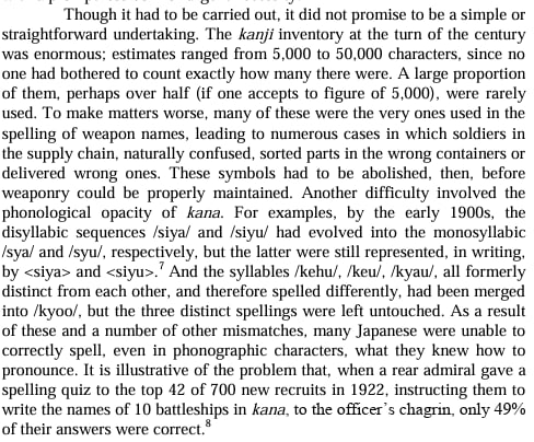 ScriptingJapan's tweet photo. Not fully true! Borrowings from Western languages were common in Meiji, to the extent that the WW2 wartime government and its predecessors tried to crack down on it. This was a failure, as low literacy lead to soldiers unable to read kanji compounds, with the military reverting. https://t.co/MP5d85biXJ