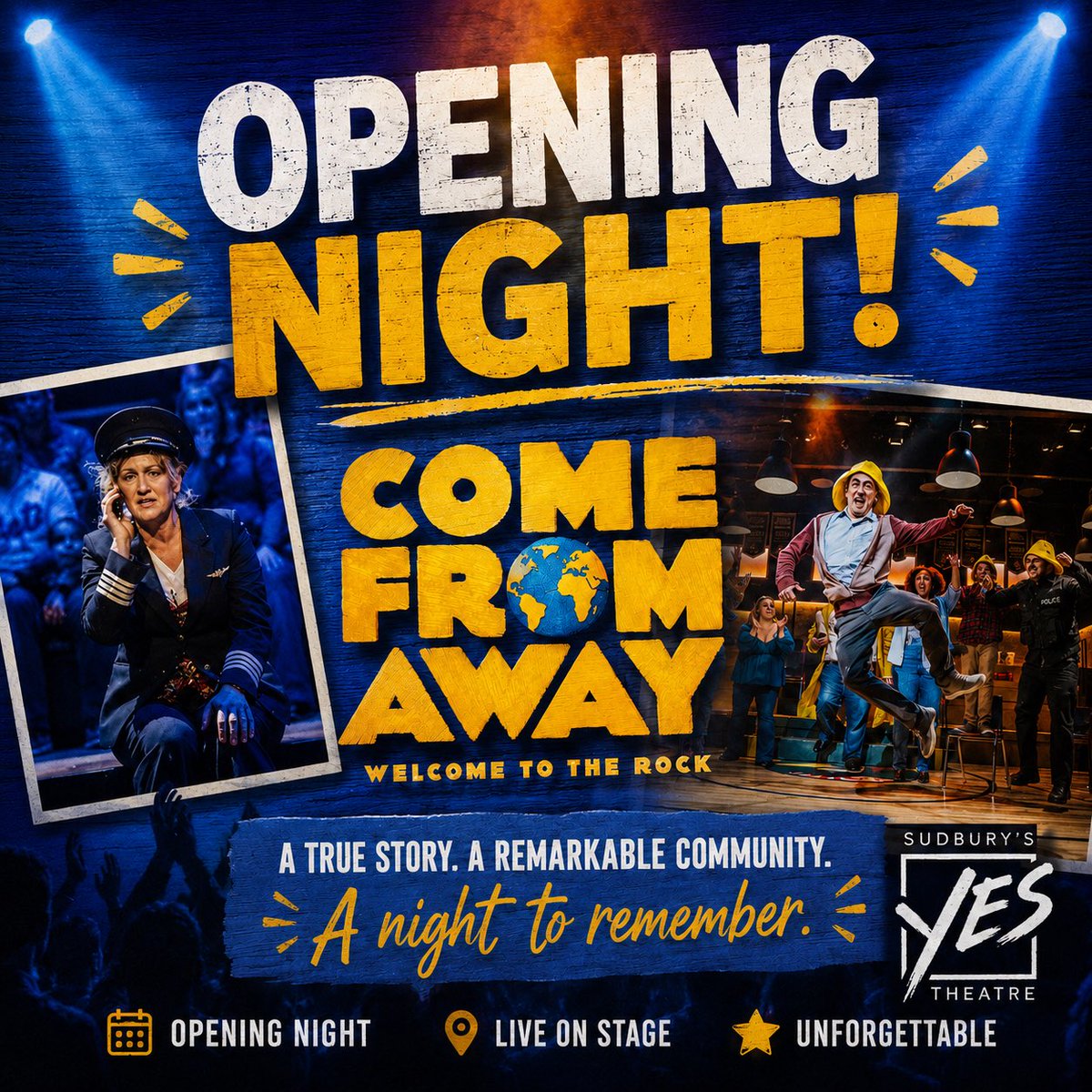 DuffMacDonald's tweet photo. OPENING NITE in Sudbury! 🎉🥂✈️💫🌎💐 #ComeFromAway ✈️ https://t.co/zMAty0Btab