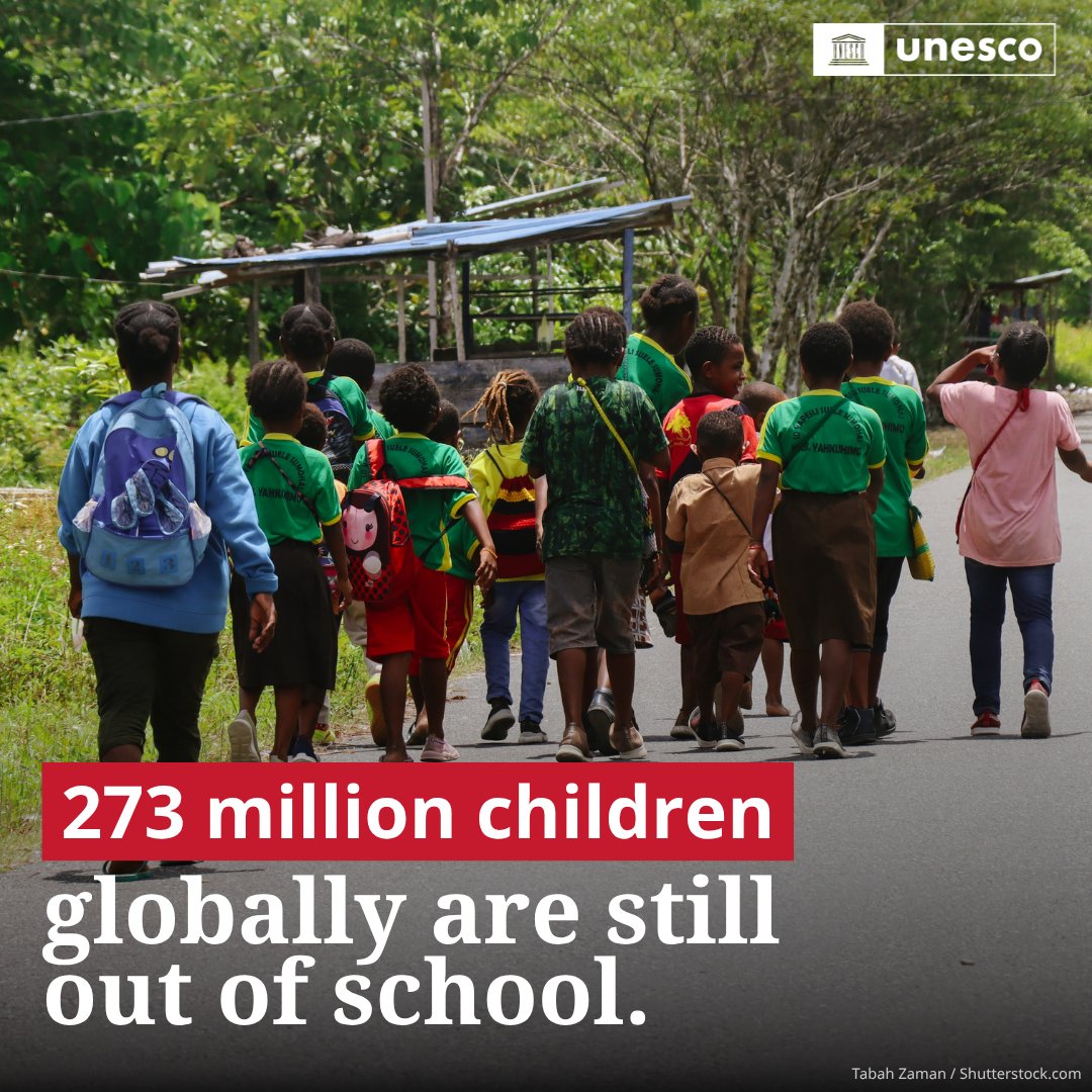 UNESCO's tweet photo. 273 million children worldwide remain out of school.

With just four years left to achieve #SDG4, education systems are under increasing pressure from conflict, climate change, economic constraints and rapid technological transformation.

At #TransformingEducation Summit + 4 leaders are coming together to accelerate action and build more resilient education systems for every learner.

📢 Save the date and learn more: https://t.co/KLmTCKfhog

#LeadingSDG4