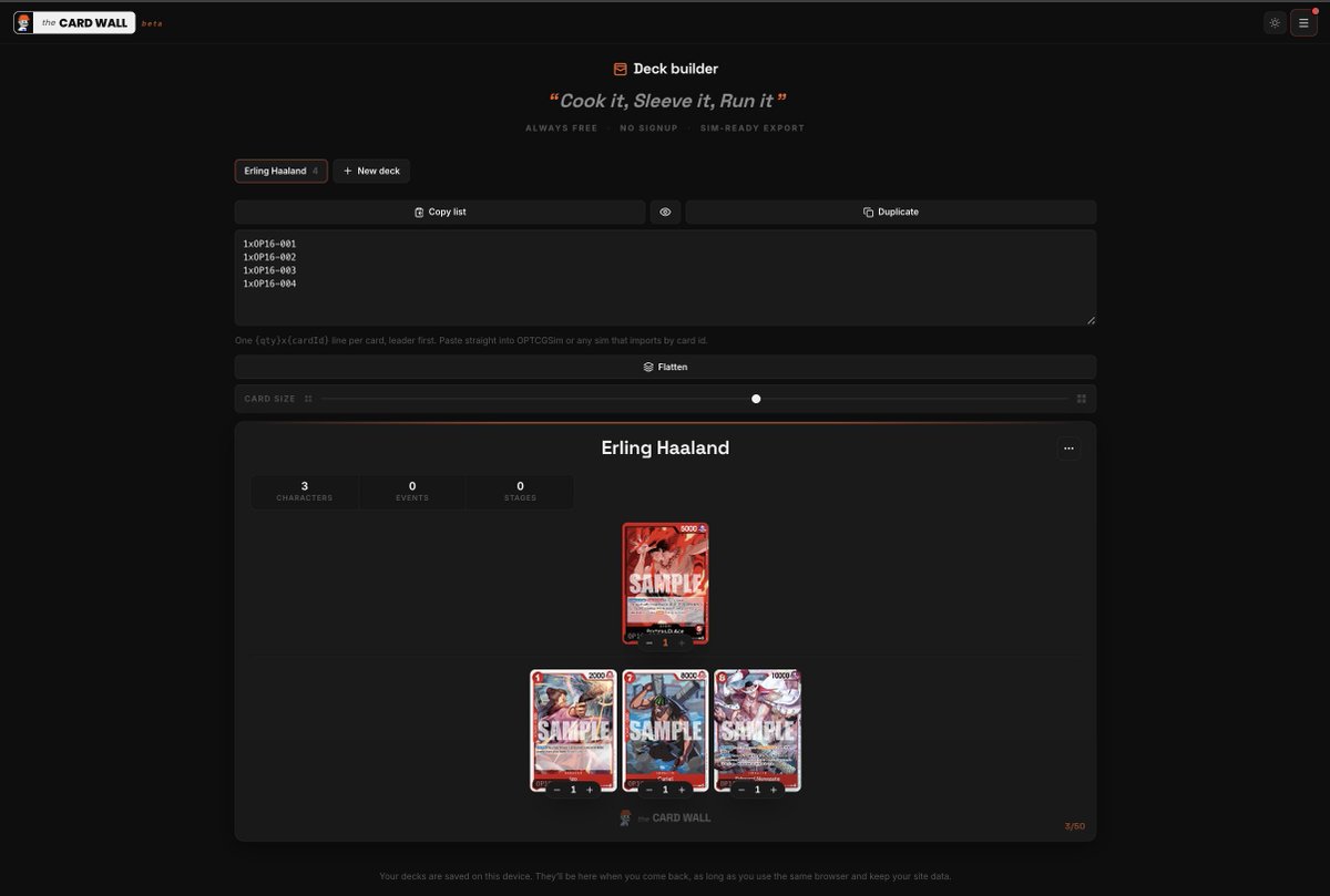point_onefive's tweet photo. THE 3RD CARDWALL TOURNAMENT HAS CROWNED A NEW CHAMPION TODAY 👑

@mondtcg - will receive his 1st place prize...

4 physical copies of:

NatsuComi 2026 Metakira Monkey D. Luffy Promo - Eiichiro Oda Signature

AKA - WATERMELON LUFFY 🍉

from https://t.co/IAUKpzgnRD

While we wait for the rest of the contestants to wrap up 2nd and 3rd place here are a few updates:

1. the all-time leaderboard will soon convert to a seasonal leaderboard so all particpants have an equal chance to rank high. seasonal badges will go out.

2. we now have badges. for participating, winning, and completing tasks/challenges, players will be rewarded with badges that will serve as a great trophy case as well as enable future benefits. will be recruiting artists far and wide to contribute art to the badging system.

3. at the conclusion of each tournament, you will be able to click the leader cards used for each player to reveal the decklist that they used. a great place to collect competitive deck data

4. at any time during the tournament, you can click your rank on the standings board and see how your rank was calculated. the exact mathmatical breakdown is available for 100% transparency.

5. On thecardwall - you can now make decks, save them, and port them over to your tournament enrollment easily.

Next steps:

1. smart contracts for paid entry tournaments
2. additional partner series
3. special perks for certain badge holders
4. tournament of champions for high ranking badge holders (those who place in previous tournments)
5. skill level based tournaments (must have certain badges or games played to enter)
6. multiple running tournaments at a given time.
7. region specific tournaments

A special thank you to our partipants - without you there are no cardwall tournaments:

@sungodnika_pls
@punk6995
@mondtcg
@0x1juangunner4
@0x1001
@henryyloo
@steventswu
@borb157
@ravelberger
@mickadin
@obiwonkanoobie
@pengpost
@cryptobullfish
@anko_getrich
@melonballball
@shamanste8
@miaomiao_eth
@mrseshington
@aweb3going
@byronsone
@gawin233
@goldxrhino
@rice0907
@cryptokage
@piqi2023
@costaffective
@immichaelwhite
@lethescend
@shirox_3

Looking forward to more adventures with you all.

🫡