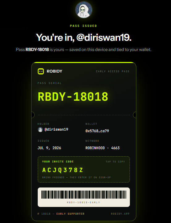 diriswan19's tweet photo. Claimed my Robidy Early Access Pass — RBDY-18018. The curated NFT launchpad on Robinhood Chain. @robidyapp https://t.co/LOk1M4mCAR https://t.co/ROqI99xvVS