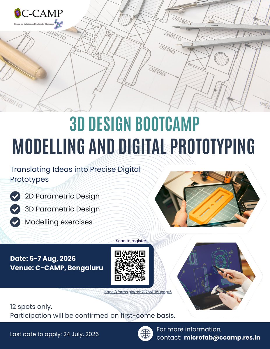 CCAMP_India's tweet photo. Master the art of digital prototyping!

New 3D Design Bootcamp: Modelling & Digital Prototyping
𝐀𝐩𝐩𝐥𝐲 𝐧𝐨𝐰: https://t.co/YuJbOQNmAr

𝐖𝐡𝐞𝐧? August 5 to 7
𝐖𝐡𝐞𝐫𝐞? C-CAMP, Bengaluru

Learn through hands-on sessions:
* 2D Parametric Design
* 3D Parametric Design
* Practical Modelling Exercises

Only 12 seats available; register soon!
𝐀𝐩𝐩𝐥𝐢𝐜𝐚𝐭𝐢𝐨𝐧 𝐝𝐞𝐚𝐝𝐥𝐢𝐧𝐞: July 24

More Details: https://t.co/bBfOgF034K

#CCAMP #bootcamp #3D #designing #prototyping #DigitalPrototyping #Innovation #SkillDevelopment

@Taslimarif_IND @DBTIndia @IndiaDST @CSIR_IND @NSDCIndia @AIMtoInnovate @BIRAC_2012 @ITBTGoK 

@BLiSC_India @NCBS_Bangalore @DBT_inStem @TIGS_India

@iiscbangalore @iitmadras @CSIR_IND @IISERPune @IiserTirupati @IiserMohali @RGCB_Trivandrum @DBT_NBRC @DbtIls @unescorcb @THSTIFaridabad @FollowDbtNibmg @BE_IISc @BsbeIitb @IGIBSocial @CSIR_IMTECH @iitbombay