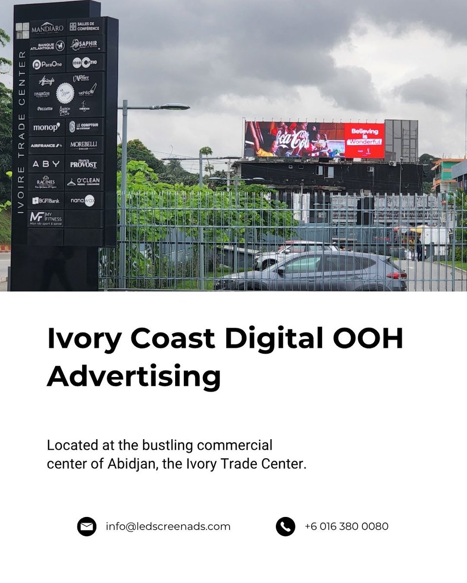 ledscreenads's tweet photo. 🇨🇮 Ivory Coast Digital OOH Advertising

Get your brand in front of Abidjan's economic pulse! The digital screen at Ivory Trade Center puts you right where local &amp; international business, professionals, and tourists move daily.

#DOOH #ledscreenads #DigitalOutdoorAds https://t.co/0o9ykaxCvv