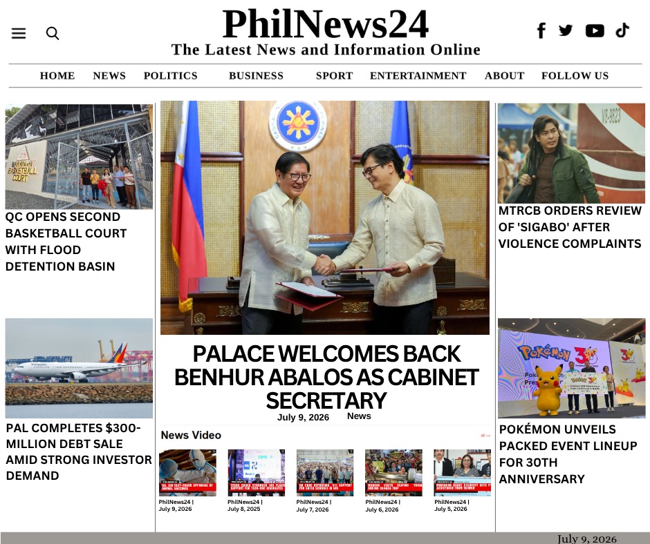 PhilNews24's tweet photo. PhilNews24 | July 9, 2026
For the latest news, visit: https://t.co/PNaSqYk4n9
#cabinetsecretay #BenhurAbalos #MarcosAdministration #DetentionBasin #QuezonCity #floodmitigation #PhilippineAirlines #bondoffering #GrowthPlans #MTRCB #CocoMartin #Sigabo #pokemoncompany https://t.co/xGGf2MoBSt