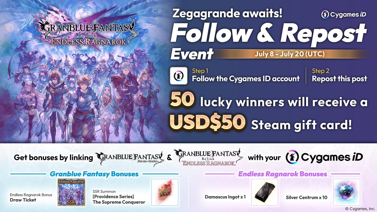 Cygamesid_en's tweet photo. To celebrate the release of Granblue Fantasy: Relink - Endless Ragnarok, fifty $50 Steam gift cards are up for grabs!

Enter by:
✅ Following @Cygamesid_en
🔁 Reposting this event post

You can also get in-game bonuses by linking your Cygames ID!

Details: https://t.co/Fj8jHWgfPn https://t.co/Etk6Air4Vy
