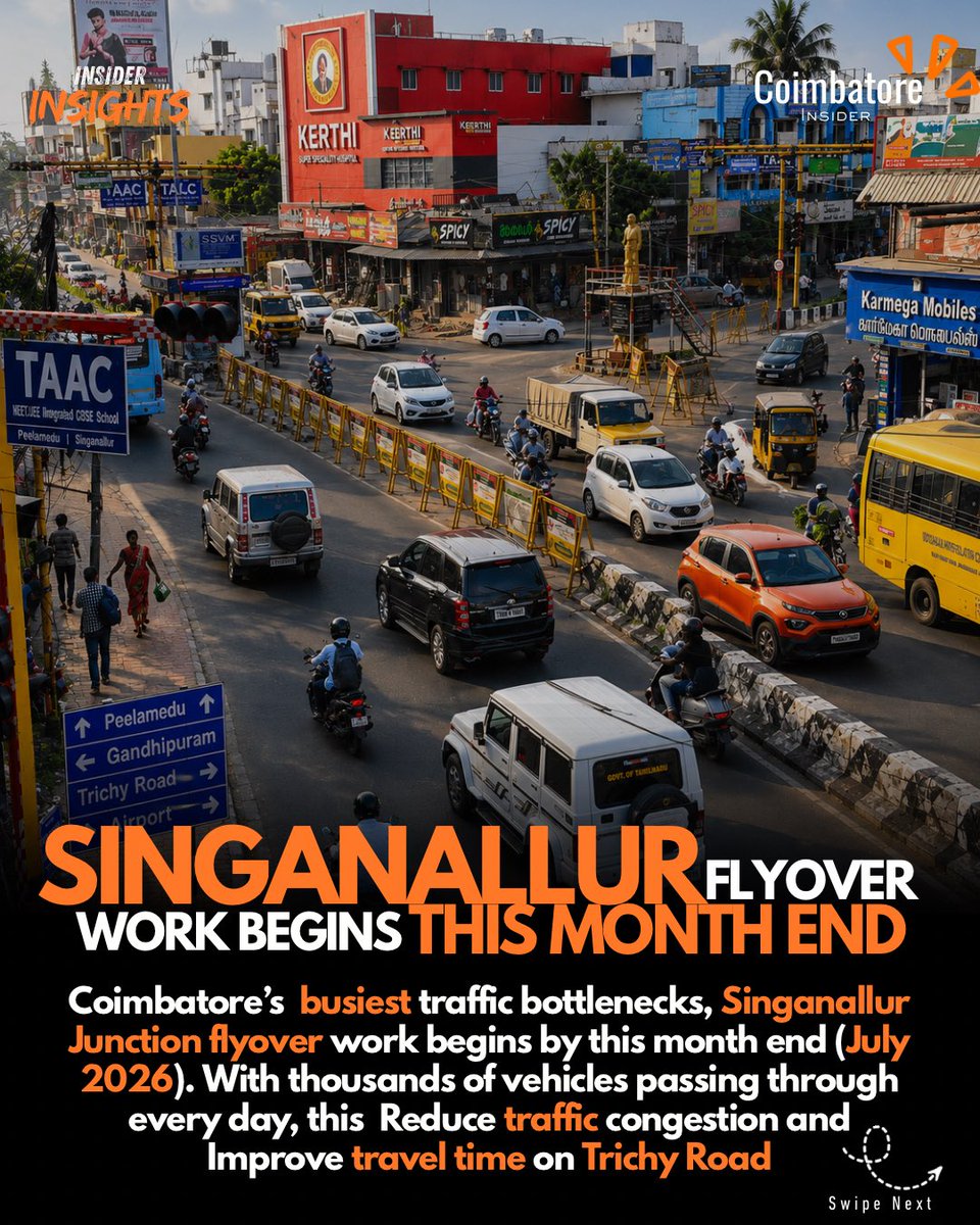 TheCbeInsider's tweet photo. 🚧 Singanallur Flyover work is all set to begin!

A major infrastructure upgrade is coming to one of Coimbatore’s busiest junctions. The ₹170 crore, 2.4 km long, 4-lane Singanallur Flyover will connect Uzhavar Sandhai to St. Joseph’s School, aiming to ease traffic congestion and improve connectivity along the Coimbatore–Trichy Road.

Swipe through to explore the project highlights, construction timeline, and everything you need to know about this upcoming flyover.

💬 Do you think this project will solve Singanallur’s traffic woes? Share your thoughts below!

#CoimbatoreInsider #SinganallurFlyover #Coimbatore