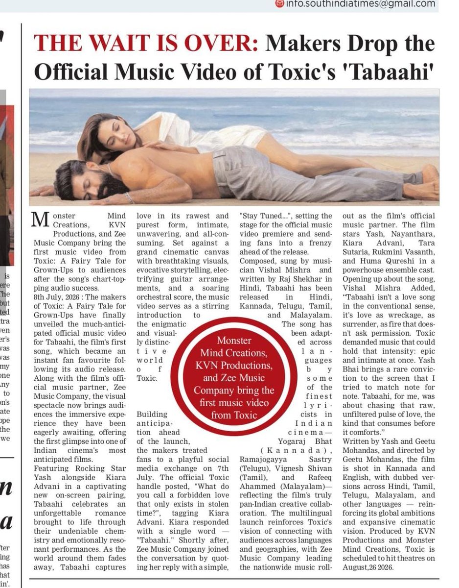 TeamYashFC's tweet photo. Print media about #Tabaahi ❤️‍🔥
The explosion just getting bigger and better 🔥

#Yash @ThenameisYash 
#YashBOSS  #ToxicTheMovie https://t.co/PREsNPChUT