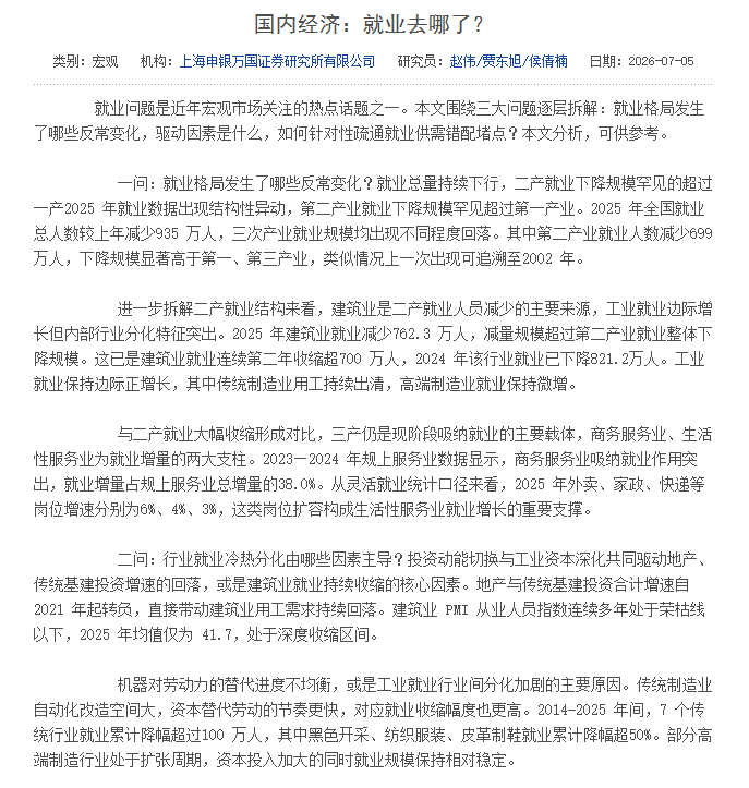 giantcutie666's tweet photo. 不知道是否受到高善文感召，感觉国内最近很多机构都在通过些报告冲塔😅

继世界银行之后，申银万国也出了一篇报告《就业去哪了？》

表示25年全国减少就业935万，其中第二产业（工业）减少700万，全是建筑业失业造成的😅

现在大量失业人员涌入低门槛行业当临时工，导致这些行业内卷严重收入下降，承载力已趋近上限

而国家大力发展的机器人和AI还会加速传统行业用工收缩

若再不出台政策提振内需，恐有超预期下行风险😳