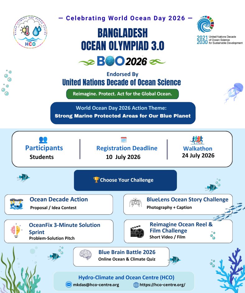 MohanKDas's tweet photo. 🌊 Great news! Bangladesh Ocean Olympiad 3.0 (BOO 2026) has been officially endorsed as an Ocean Decade Activity by the IOC-UNESCO Ocean Decade.

📢 Registration is now open until 10 July 2026.
🔗 https://t.co/6iz85iqF5h

#OceanDecade #BOO2026 #HCO https://t.co/66g02mcwfu