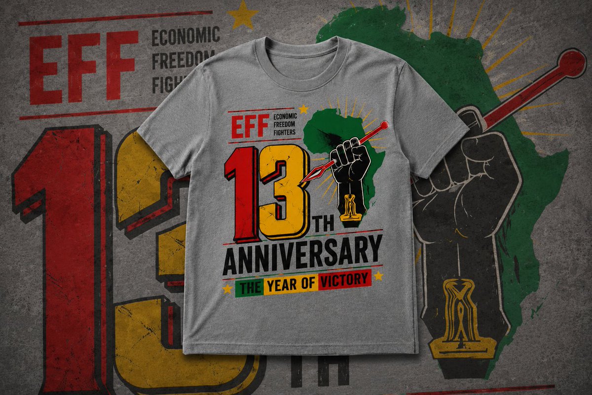 malikcameronpet's tweet photo. 🔥 EFF TURNS 13!
13th Anniversary T-shirts in Black, White &amp; Grey. R229.99 + R49 courier delivery. 🛍️ 
Bold. Revolutionary. Wear the movement.  
Order: WhatsApp 0636517561 or https://t.co/7o3deMX6rG

(OR DM 📥)

#EFFTurns13 #EconomicFreedom #WearTheRevolution 
While stocks last* https://t.co/TnXvIwIIRI